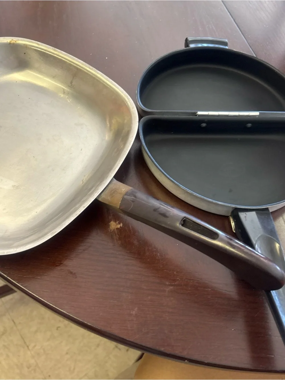 Vintage folding double omelet pan and square skillet cookware bundle